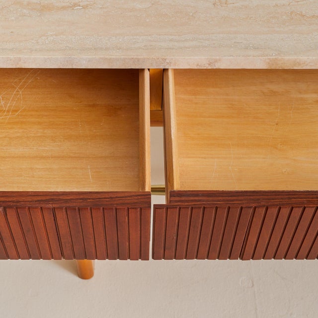 Italian Travertine + Slatted Wood Console Table with Brass Stretcher, 1970s For Sale - Image 10 of 11