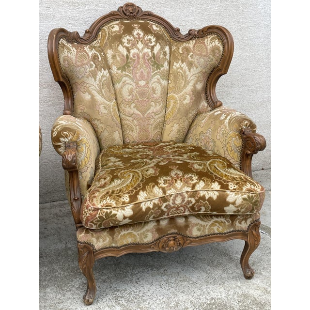 Set of Louis XV Style Armchairs in Brocade and Velvet Fabric, 1920s For Sale - Image 4 of 8