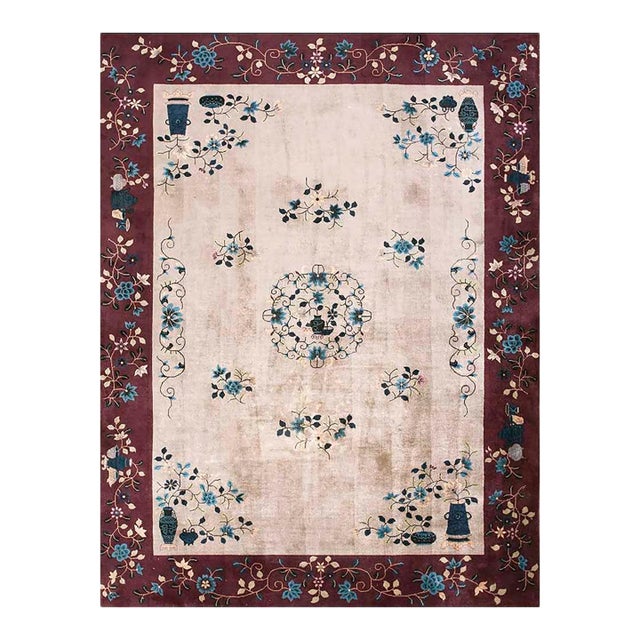 1920s Ivory Floral Modern Antique Art Deco Chinese Rug 8'10"x 11'6 Hand Knotted Wool Carpet For Sale