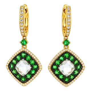 Mid 20th Century 14k Yellow Gold Green Amethyst Diamond Tsavorite Drop Dangle Earrings, Pair For Sale