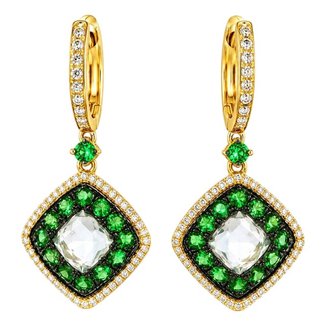 Mid 20th Century 14k Yellow Gold Green Amethyst Diamond Tsavorite Drop Dangle Earrings, Pair For Sale