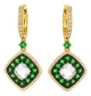 Mid 20th Century 14k Yellow Gold Green Amethyst Diamond Tsavorite Drop Dangle Earrings, Pair