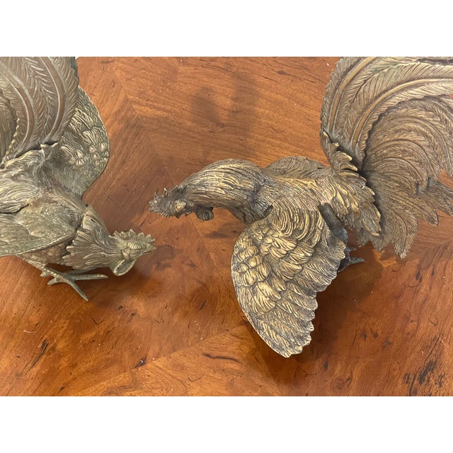 Shabby Chic Gorgeous Antique Pair of Brass Fighting Roosters Sculptures For Sale - Image 3 of 10