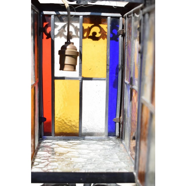 Antique Black Wrought Iron and Stained Glass Lantern, France, 1940s For Sale - Image 4 of 11