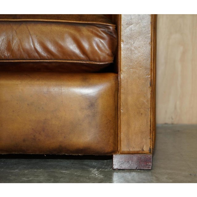 Art Deco Hand Dyed Brown Leather Three Seat Sofa with Feather Filled Seat in the style of Odeon For Sale - Image 11 of 18