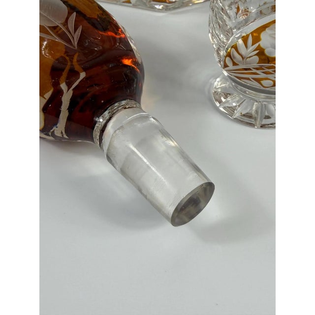 Art Deco Amber Overlay Cut Crystal Decanter & Cordial Glasses, 1930s, Set of 5 For Sale - Image 12 of 17