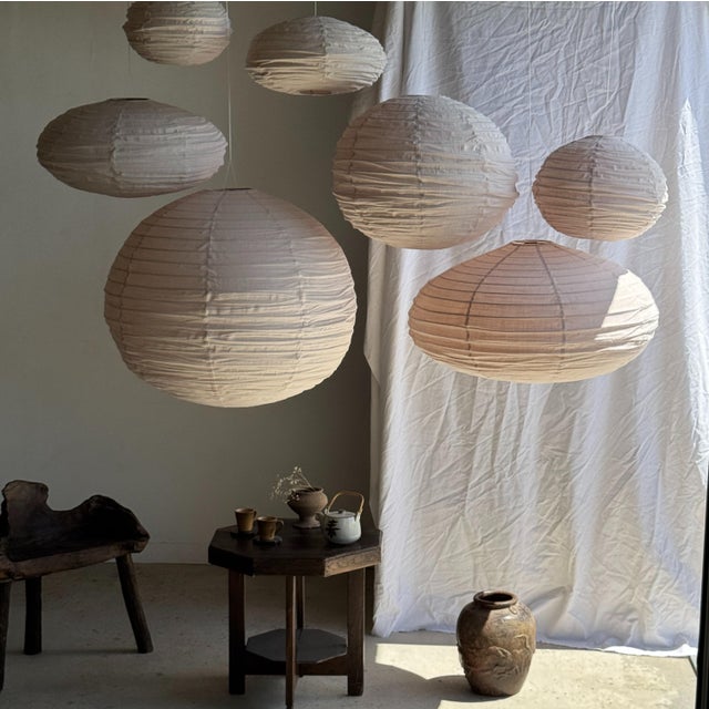 Japanese Pendant Light in Rattan and Natural Linen For Sale - Image 16 of 18