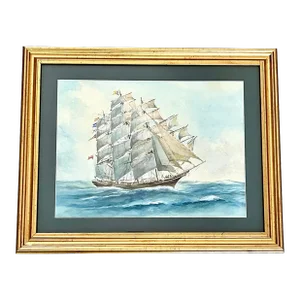 Mid Century Original Watercolor Framed Painting Flying Cloud Clipper Ship Maritime Coastal Original