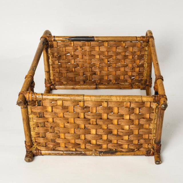 Brown Bent Burnt Bamboo Wall Shelf With Woven Split Wood Platforms Two Tier 1970's For Sale - Image 8 of 8