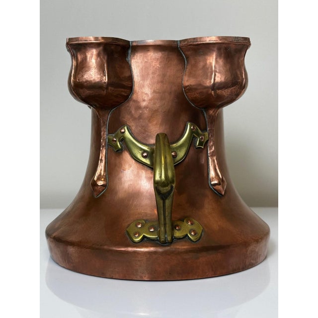 Antique Dutch Art Nouveau Copper Quatrefoil Cachepot/Planter w/ Brass Handles, Tulip Motif, Late 19th C A fine small...