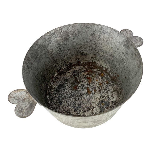 Vintage French Cordon Bleu Metal Charlotte Pot #18 Heart Handle Rustic Kitchen For Sale