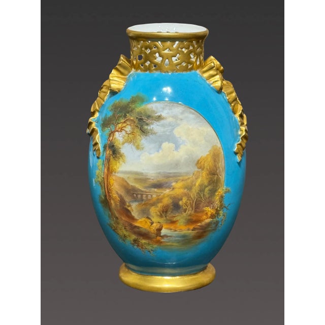 English Antique Royal Worcester Gilt & Turquoise English Landscape Reticulated Vase, Aesthetic Period 1873 For Sale - Image 3 of 10