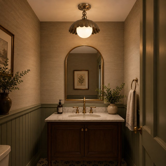 Handmade Brass Flush Mount Light, Antique Brass Flower Ceiling Light, Milk Glass Scalloped Brass Ceiling Lamp for Entryway Bedroom Kitchen For Sale - Image 9 of 11