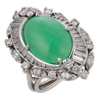 Vintage Gia 6.50 Carat Burma Jade Diamond Platinum Cocktail Ring, Size 5.5 For Sale
