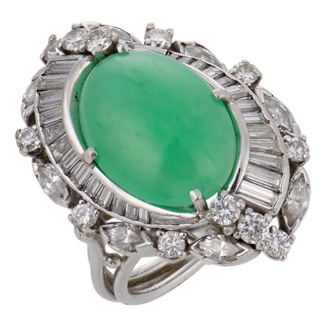 Vintage Gia 6.50 Carat Burma Jade Diamond Platinum Cocktail Ring, Size 5.5 For Sale