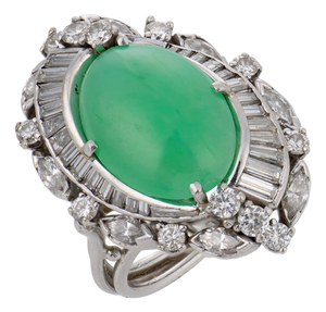 Vintage Gia 6.50 Carat Burma Jade Diamond Platinum Cocktail Ring, Size 5.5