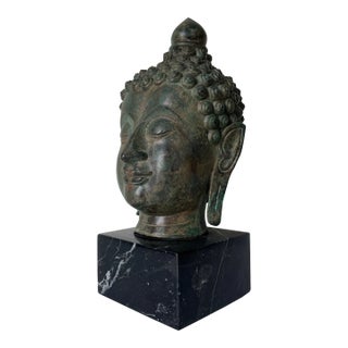 Vintage Verdigris Bronze Buddha Head Sculpture on Black Marble Base For Sale