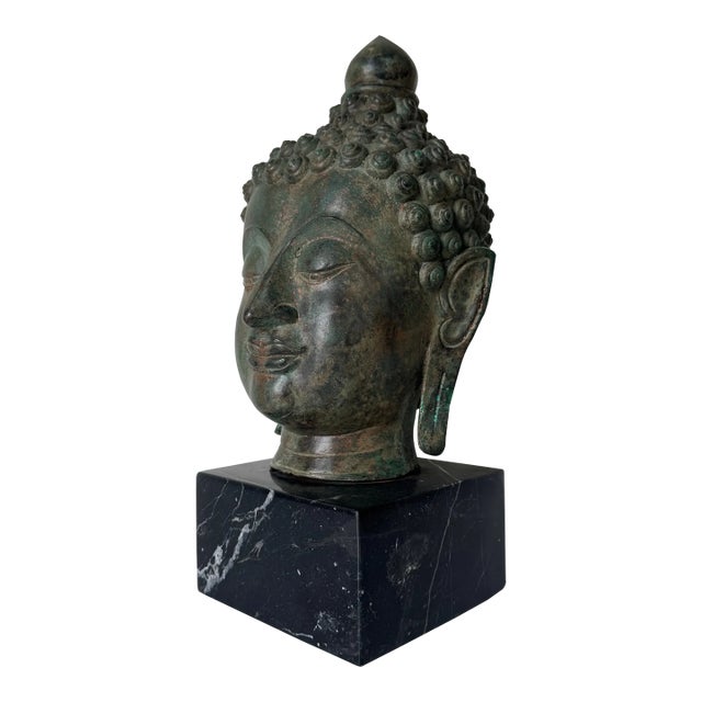 Vintage Verdigris Bronze Buddha Head Sculpture on Black Marble Base For Sale