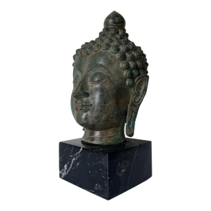 Vintage Verdigris Bronze Buddha Head Sculpture on Black Marble Base