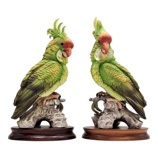 Vintage Pair Extra- Large Bisque Porcelain Crested Parrot or Cockatoo Table Sculptures With Mounted on Vintage Wood Bases For Sale