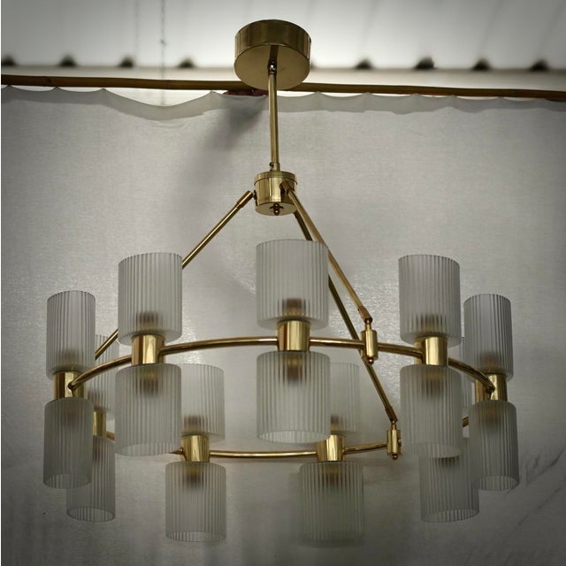 Gold Mid-Century Murano Round Art Glass and Brass Chandeliers and Pendant For Sale - Image 8 of 10