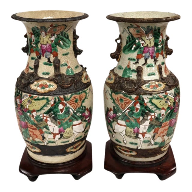 Pair Chinese Nanking Crackle Glaze Famille Verte Warrior Vases With Dragons, Late Qing C. 1880 For Sale