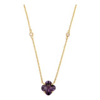 1.72Ct Amethyst Clover Motif Necklace With Diamonds in 14k Yellow Gold for Mother For Sale