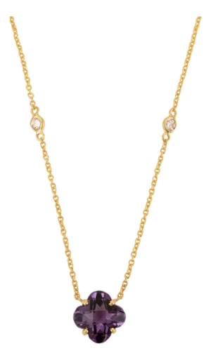 1.72Ct Amethyst Clover Motif Necklace With Diamonds in 14k Yellow Gold for Mother