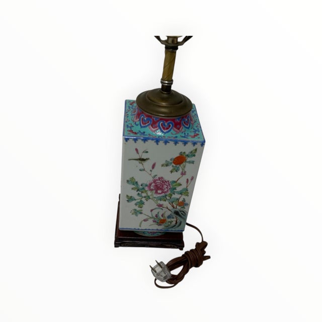 1920s Antique Chinese Republic Period Famille Rose Four Seasons Porcelain Lamp Pagoda Shade Celluloid Rose Finial For Sale - Image 5 of 12