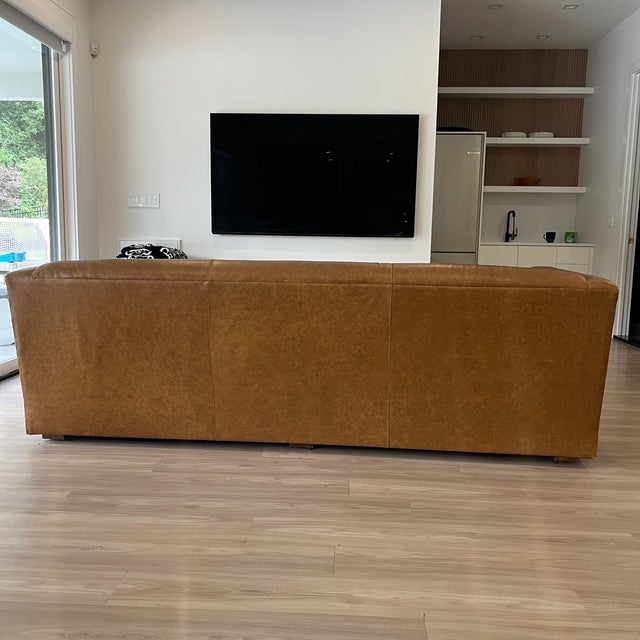 Wood Tuxedo Style Custom Handmade Leather Sofa For Sale - Image 7 of 15