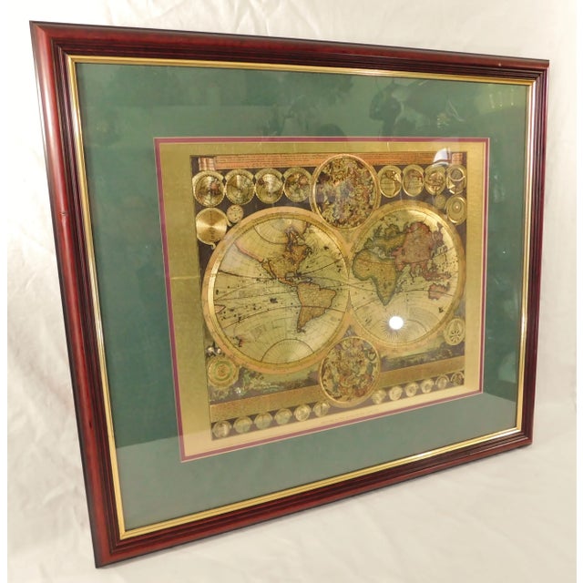 Hollywood Regency Large Vintage Ornate Gold World Map Framed & Matted Mahogany Wood Wall Picture For Sale - Image 3 of 10