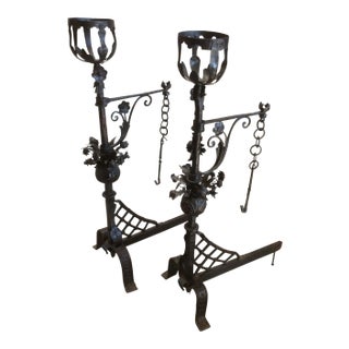 Wrought Iron Andirons With Swing Arms for Cooking - A Pair For Sale