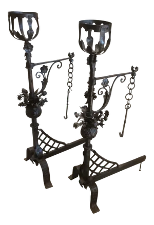 Wrought Iron Andirons With Swing Arms for Cooking - A Pair