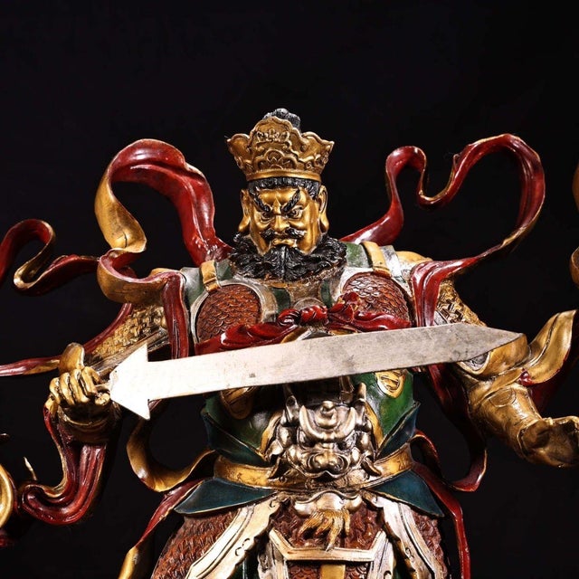 Late 20th Century Set of 4 Gilt Bronze Guardian King Statues With Polychrome Enamel For Sale - Image 5 of 9