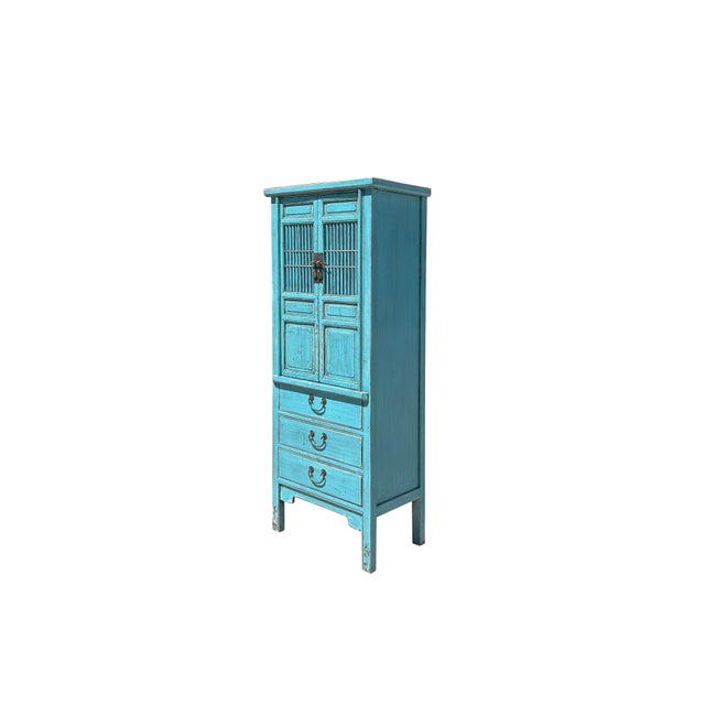 Distressed Aqua Blue Slim Wood Carving Shutter Doors Storage Cabinet For Sale - Image 4 of 5