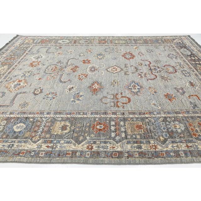 Modern Oushak Style Hand-Knotted Wool Rug in Slate Grey, Terracotta, and Blue For Sale - Image 9 of 12