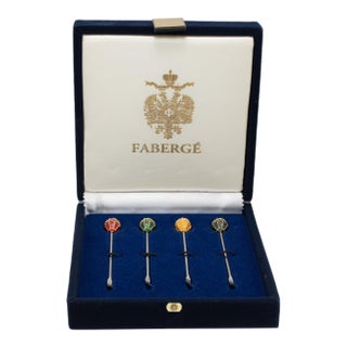 Vintage Fabergé Imperial Collection Enameled Egg Set of 4 Topped Cocktail Forks For Sale