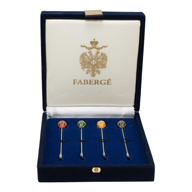 Vintage Fabergé Imperial Collection Enameled Egg Set of 4 Topped Cocktail Forks For Sale