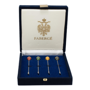 Vintage Fabergé Imperial Collection Enameled Egg Set of 4 Topped Cocktail Forks