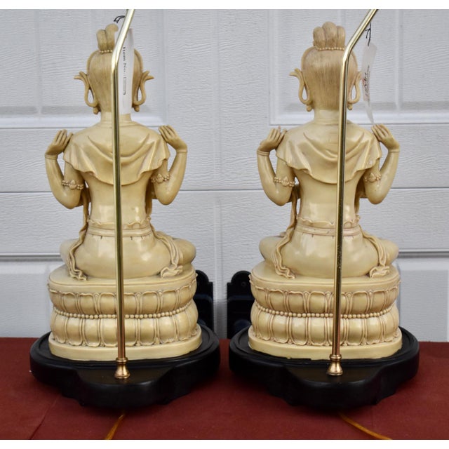 Vintage HMH Pair of Table Lamps Guanyin Asian Faux Ivory For Sale - Image 9 of 16