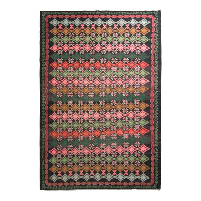 Vintage Mid-Century Kilim Rug in Green Multicolor Geometric Stripe Pattern For Sale