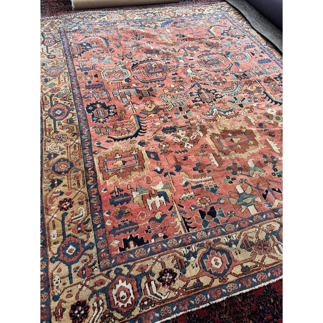 Antique Heriz Village Carpet Rare Camel Border with Coral Ground in Naive Harshang Design with Sickle Leaf Motif Rug 9.4 x 11.4 For Sale - Image 11 of 16