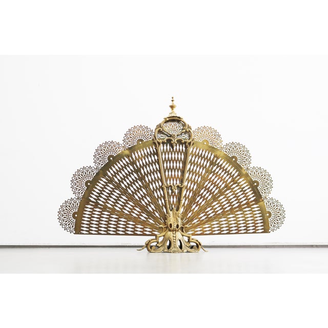 French Fan-Shaped Peacock Fireplace Screen in Brass, 1970s For Sale - Image 12 of 12