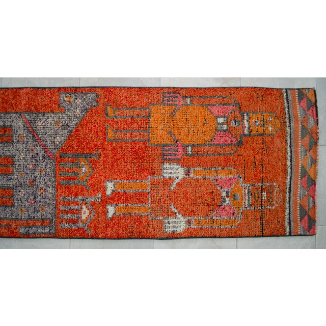 1970s Vintage Hand Knotted Turkish Rug Orange Gray Kitchen Runner 2x11 Rare Mythological Ancient Aliens Motif Rug For Sale - Image 9 of 12