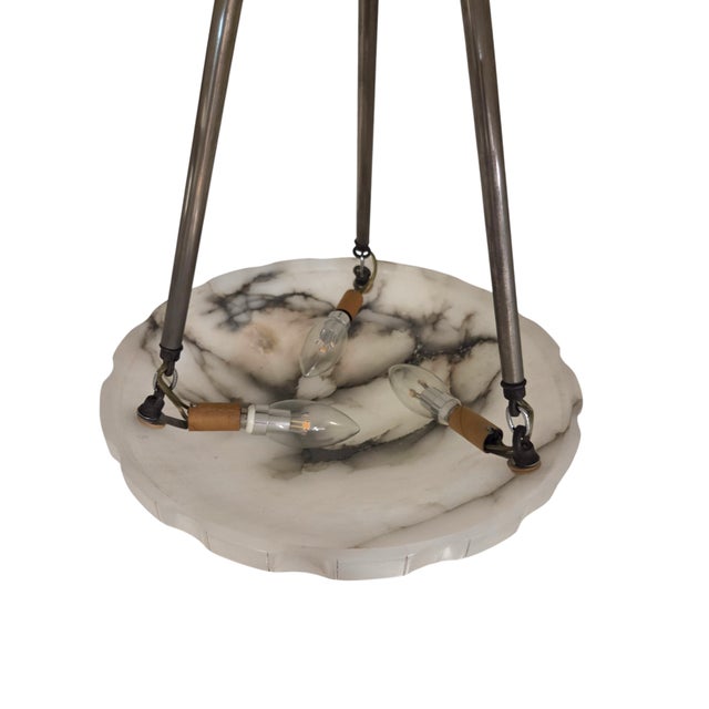 1930s French Art Deco Alabaster Pendant Light, White W/ Charcoal Grey Veining For Sale - Image 10 of 17