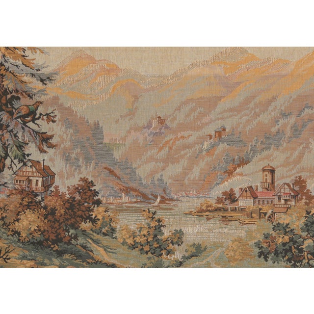 Cabin Vintage Alpine Mountain Chalet Deer Woodland Scene Flemish Tapestry For Sale - Image 3 of 18