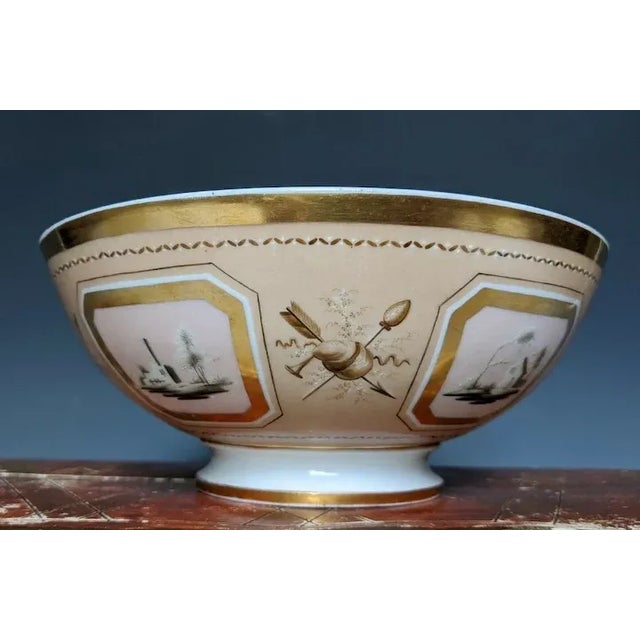 Antique French Empire early 19th century Paris porcelain bowl for fruit or punch. Decorated with alternating reserves of...