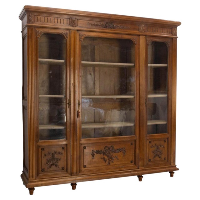 French Louis XVI Oak and Walnut Three Doors Vitrine Bookcase, 1900 For Sale - Image 18 of 18