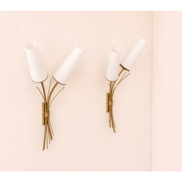 1970s Vintage Wall Sconces in Brass and Curved Opaline Glass, France, 1960, Set of 2 For Sale - Image 5 of 7