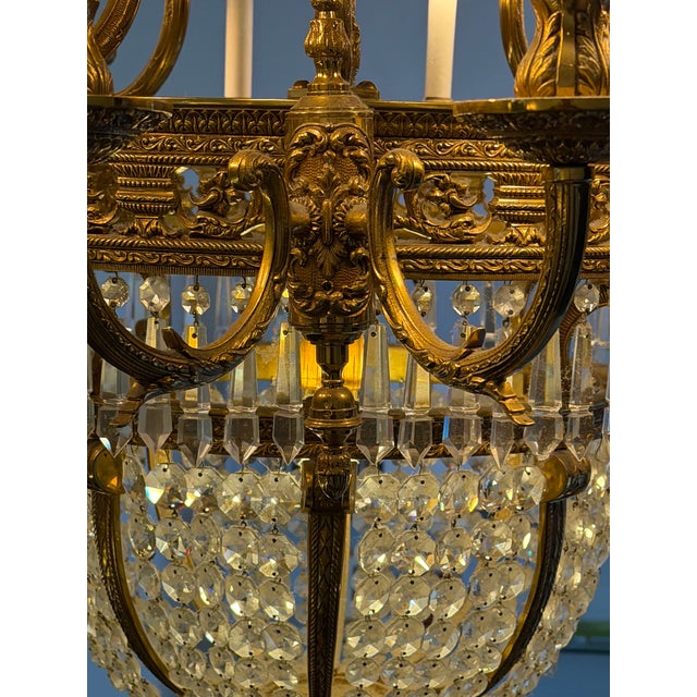 Metal Antique Beaux Arts Bronze Crystal Basket 16 Light Chandelier Rewired For Sale - Image 7 of 15